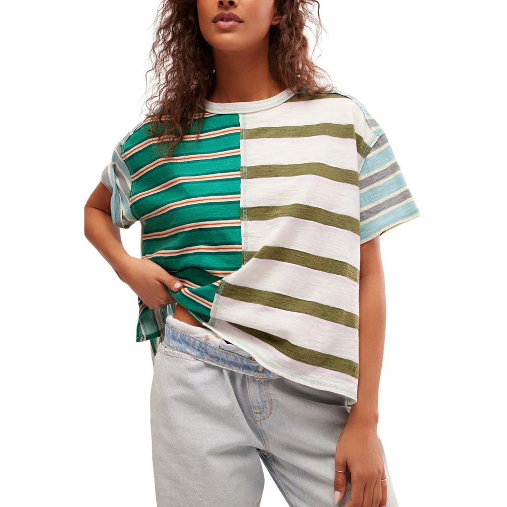 Free People Get Real Tee T-Shirt Green Striped Patchwork Short Sleeve Size XS